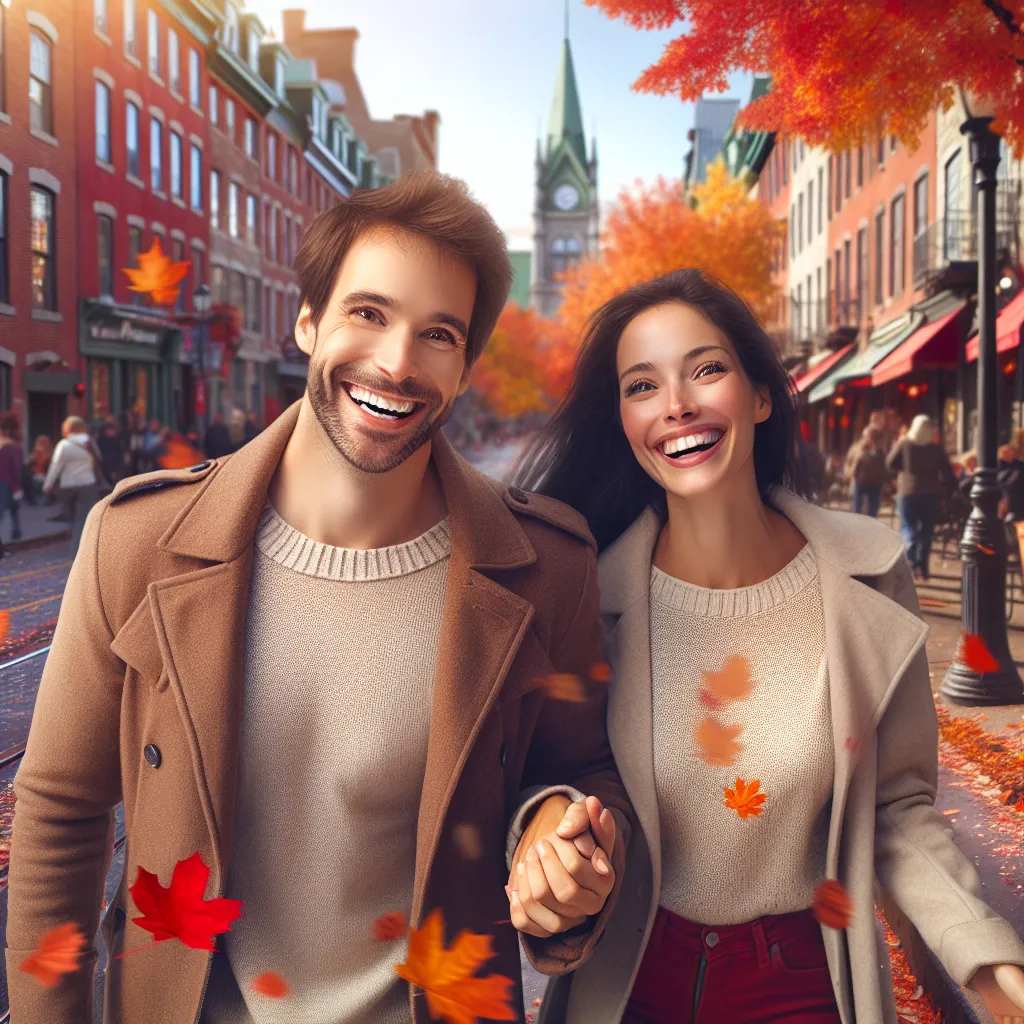 Couple interculturel marchant dans les rues de Montreal en automne