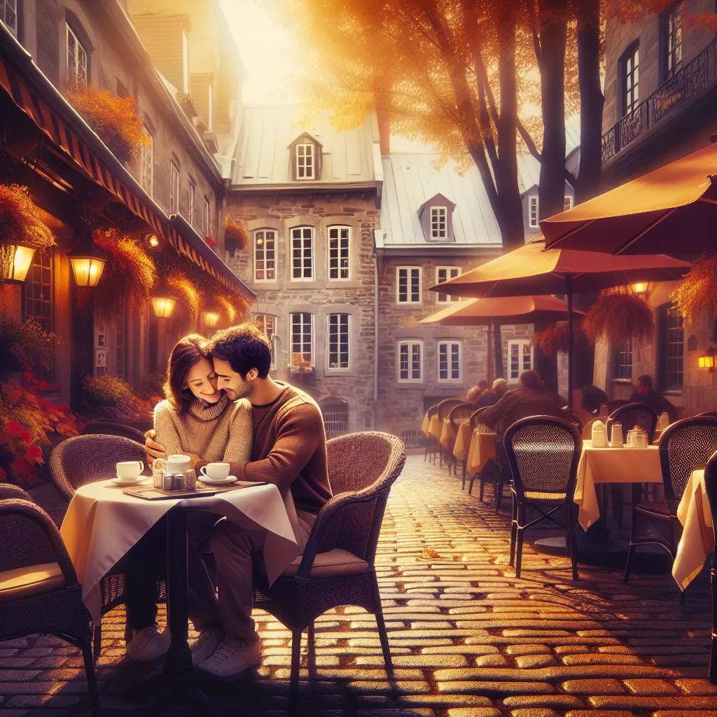 Couple a une terrasse de cafe dans le Vieux-Quebec