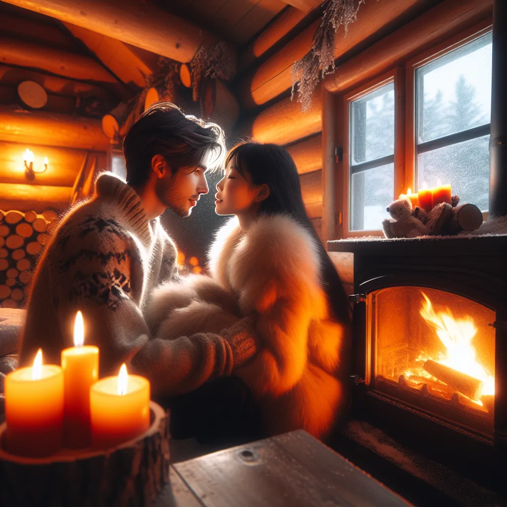 Couple romantique dans un chalet québécois d'hiver avec cheminée