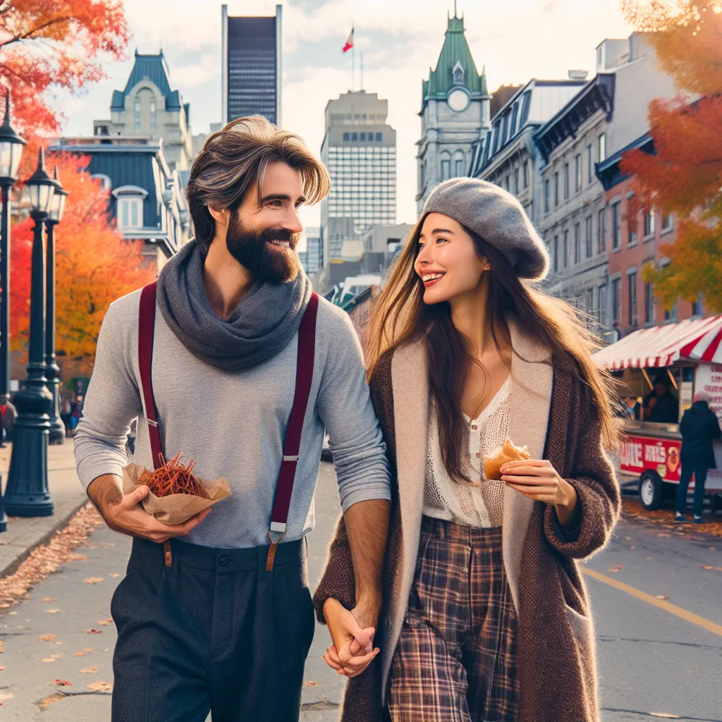Couple franco-québécois marchant main dans la main dans les rues automnales de Montréal